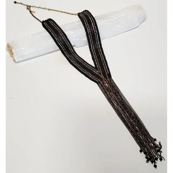 Chico's Miesha Necklace Fringe Bead Silver Gold Beads Collar Statement Y Pendant - Picture 6 of 11